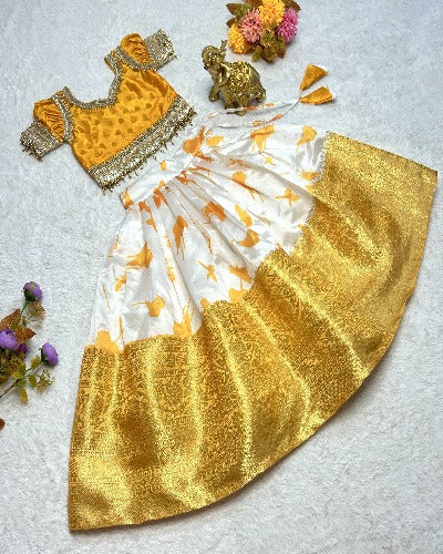 Yellow & White Zari Silk Weaving Kids Lehenga Choli Set