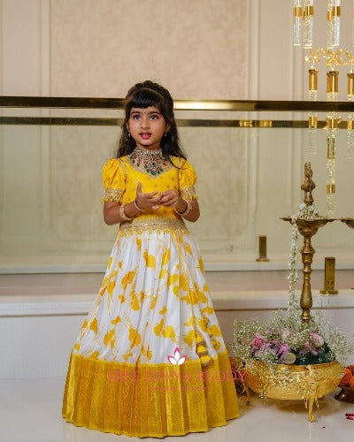 Yellow & White Zari Silk Weaving Kids Lehenga Choli Set