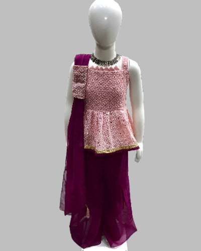 Wine & Pink Georgette Sequins Work Kids Sharara Suit Set
