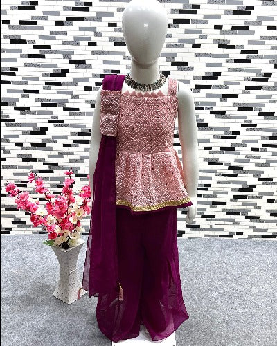 Wine & Pink Georgette Sequins Work Kids Sharara Suit Set