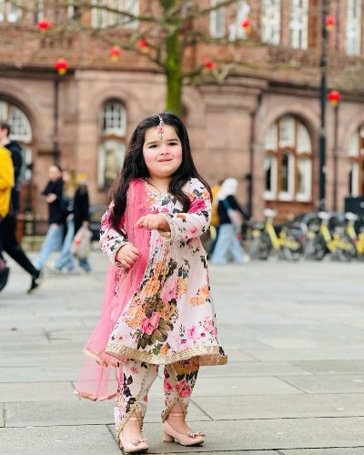 Kids Pink Floral Georgette Digital Print Dhoti Salwar Suit