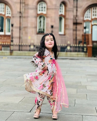 Kids Pink Floral Georgette Digital Print Dhoti Salwar Suit
