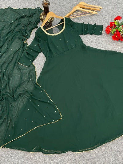 Dark Green Georgette Anarkali Gown With Dupatta 2Pc