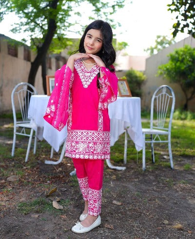 Pink Georgette Embroidered Mother Daughter Combo Salwar Suit Set