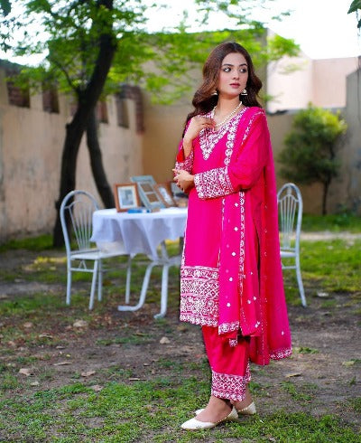 Pink Georgette Embroidered Mother Daughter Combo Salwar Suit Set