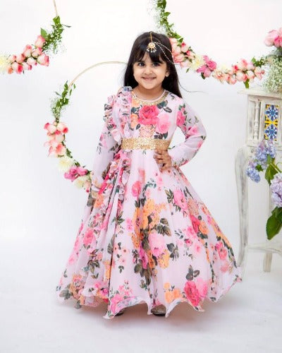 Baby Pink Georgette Floral Digital Print Kids Gown With Dupatta