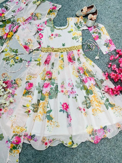 Baby Pink Georgette Floral Digital Print Kids Gown With Dupatta