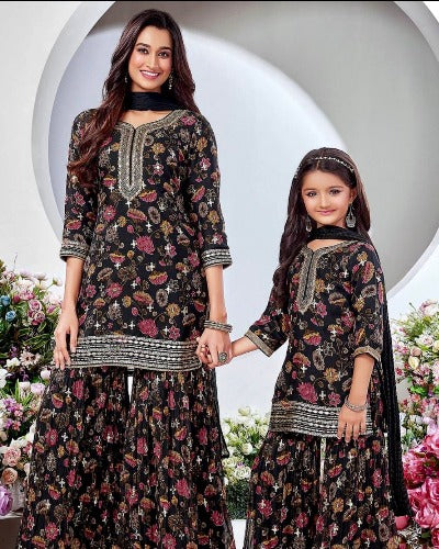 Black Floral Georgette Mother Daughter Combo Sharara Suit Set
