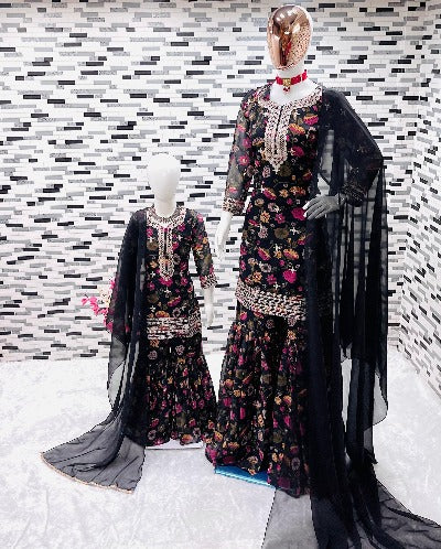 Black Floral Georgette Mother Daughter Combo Sharara Suit Set