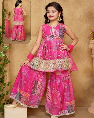 Pink Designer Japan Satin Digital Print Kids Sharara Suit Set
