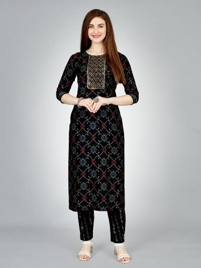 Plus Size Black Rayon Foil Print Kurti Pant Set Of 2