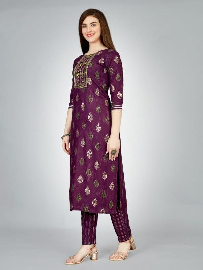 Plus Size Wine Rayon Foil Print Kurti Pant Set Of 2