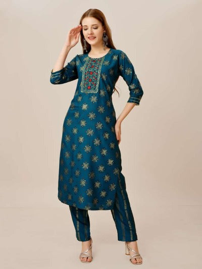 Plus Size Teal Blue Rayon Foil Print Kurti Pant Set Of 2