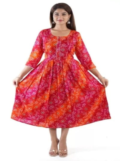 Pink & Orange Printed Cotton Maternity Dress Gown