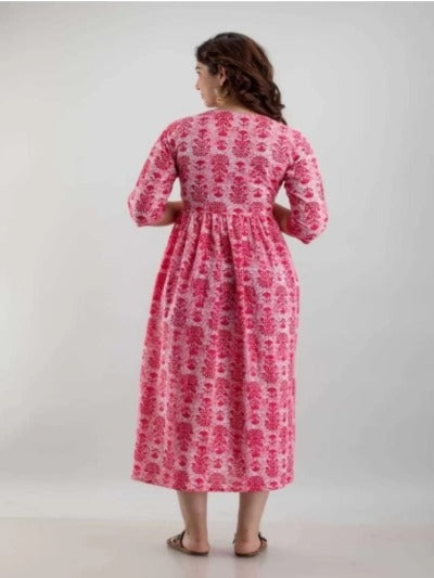Pink Printed Cotton Maternity Dress Gown