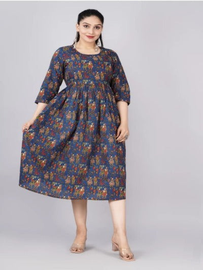 Blue Jaipuri Print Cotton Maternity Dress Gown