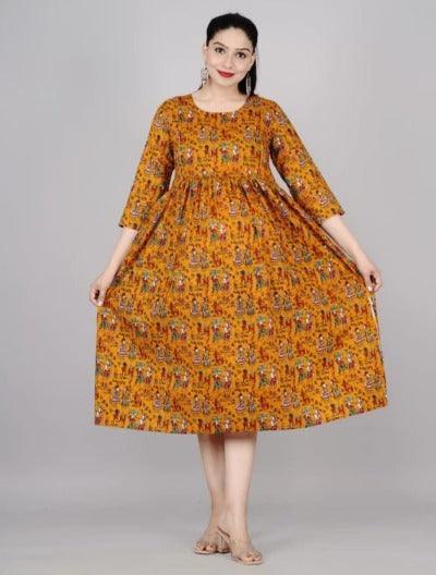 Mustard Yellow Jaipuri Print Cotton Maternity Dress Gown