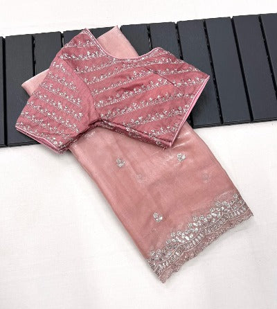 Pink Soft Organza Silk Sari Embroidered with Stitched Blouse