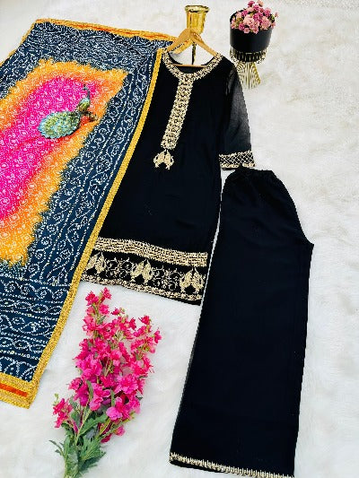 Black Georgette Embroidered Salwar Suit With Multicolour Dupatta