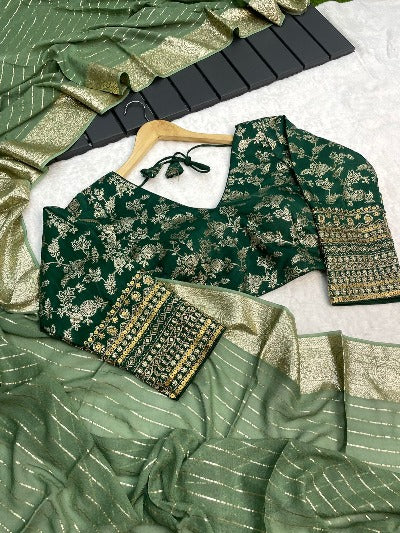 Viscose Georgette Sari with Green Stitched Blouse