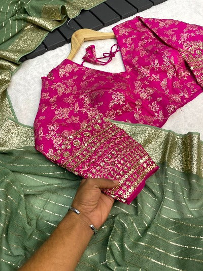 Viscose Georgette Sari with Pink Stitched Blouse