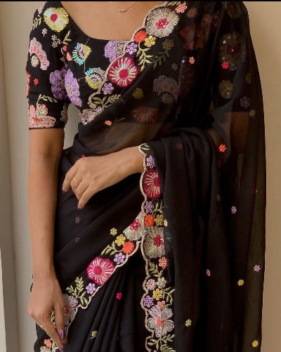 Georgette Sari with Embroidered Stitched Blouse
