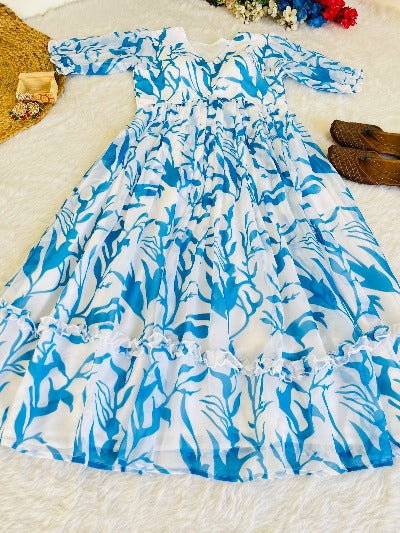 Blue Digital Print Summer Wear Georgette Dress