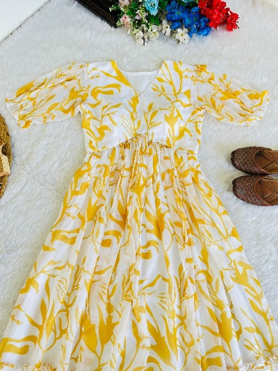 Yellow Digital Print Summer Wear Georgette Dress