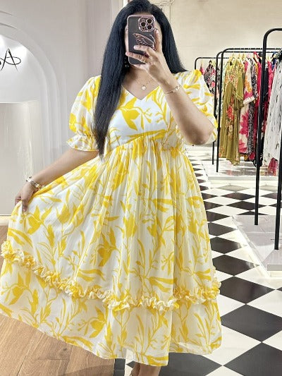 Yellow Digital Print Summer Wear Georgette Dress