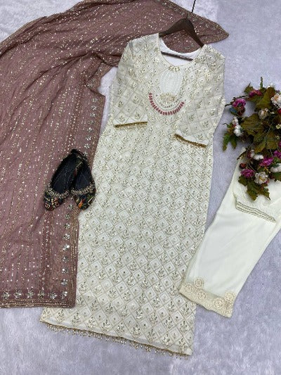 Mauve Ivory Pearls Embroidery Partywear Set