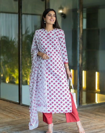 White With Red Print Cotton Straight Salwar Suit Set