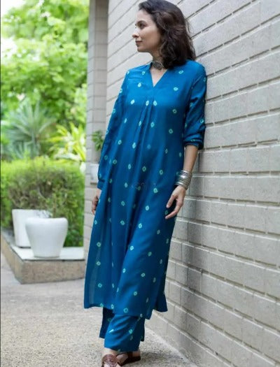 Blue Bandhani Print Cotton Kurti Pant Set Of 2