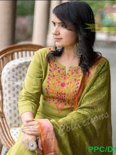 Lime Green Aari Work Cotton Suit With Linen Dupatta