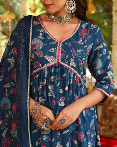 Peacock Blue Printed Cotton Alia Cut Anarkali Suit Set