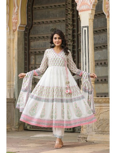 White With Pink Floral Printed Mulmul Cotton Anarkali Suit Set