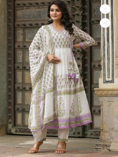 White With Purple Floral Printed Mulmul Cotton Anarkali Suit Set