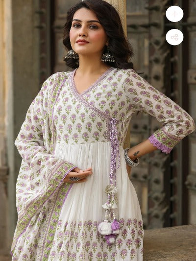 White With Purple Floral Printed Mulmul Cotton Anarkali Suit Set