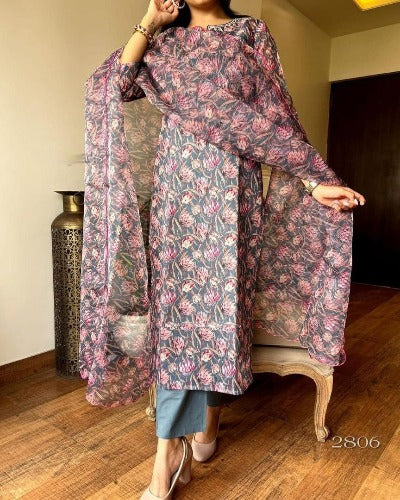 Grey With Pink Floral Print Cotton Suit With Organza Dupatta