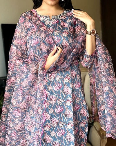 Grey With Pink Floral Print Cotton Suit With Organza Dupatta