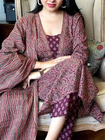 Wine Cotton Handblock Ajrakh Printed Salwar Suit Set