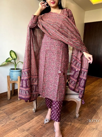 Wine Cotton Handblock Ajrakh Printed Salwar Suit Set