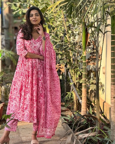 Pink Saganeri Printed Adda Work Cotton Anarkali Suit Set