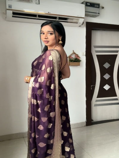 1 Min Dark Wine Soft Litchi Silk Stitched Readymade Saree