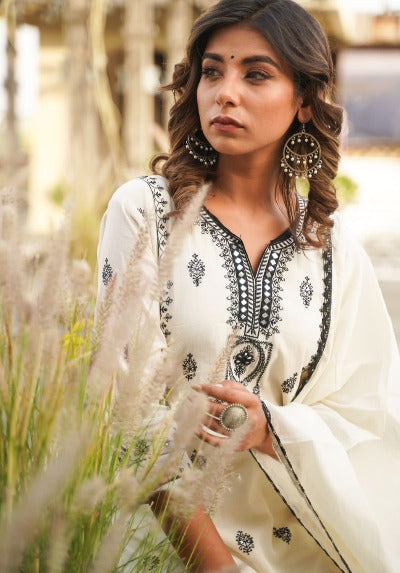 White Malmal Cotton With Black Embroidery Straight Suit Set
