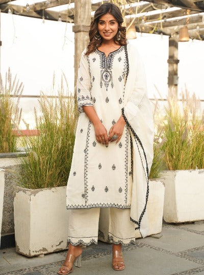 White Malmal Cotton With Black Embroidery Straight Suit Set