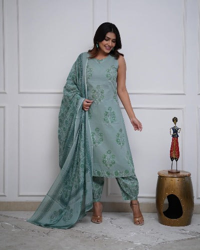 Green Floral Printed Pure Cotton Afghani Style Suit Set