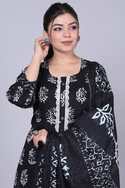 Black Pure Cotton Printed Salwar Suit Set