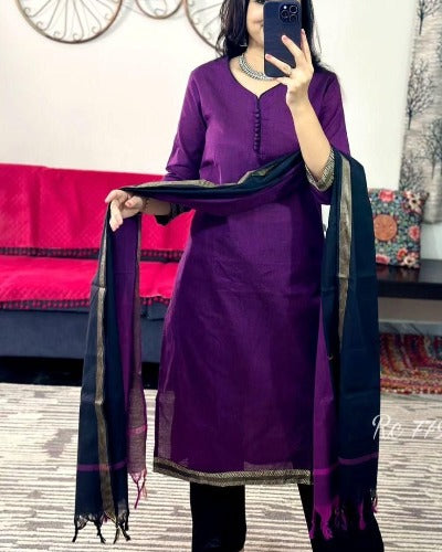 Purple & Navy Blue Handloom South Cotton Salwar Suit Set