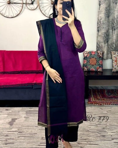 Purple & Navy Blue Handloom South Cotton Salwar Suit Set