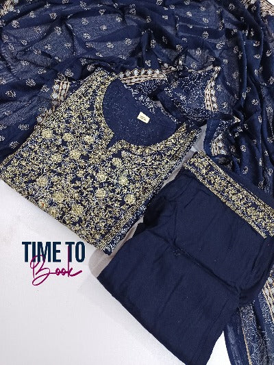Navy Blue Cotton Intricate Embroidered Anarkali Suit Set